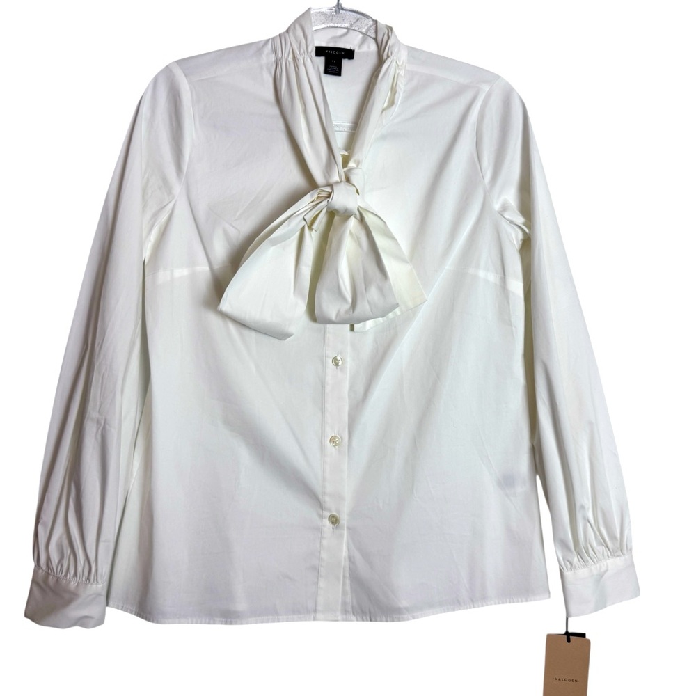 Halogen Tie Neck White Button Down Shirt Size XS NWT
